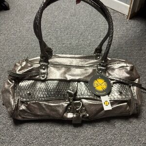 Silver metallic leather handbag with snake skin texture - with original tags